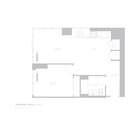 Floor plan for 1 bed, 1 bath, 705 sqft